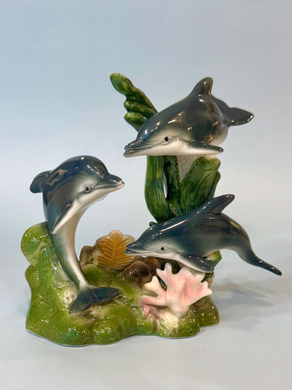 Vintage Ceramic Dolphin Figurine Statue Trio Pod Coral Reef Ocean Coastal Beach